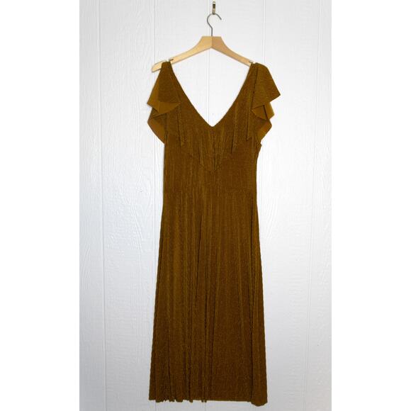 ZARA *BLOGGER FAV* Metallic Bronze Stripe Midi Dress Flutter Sleeve LARGE - Picture 6 of 10